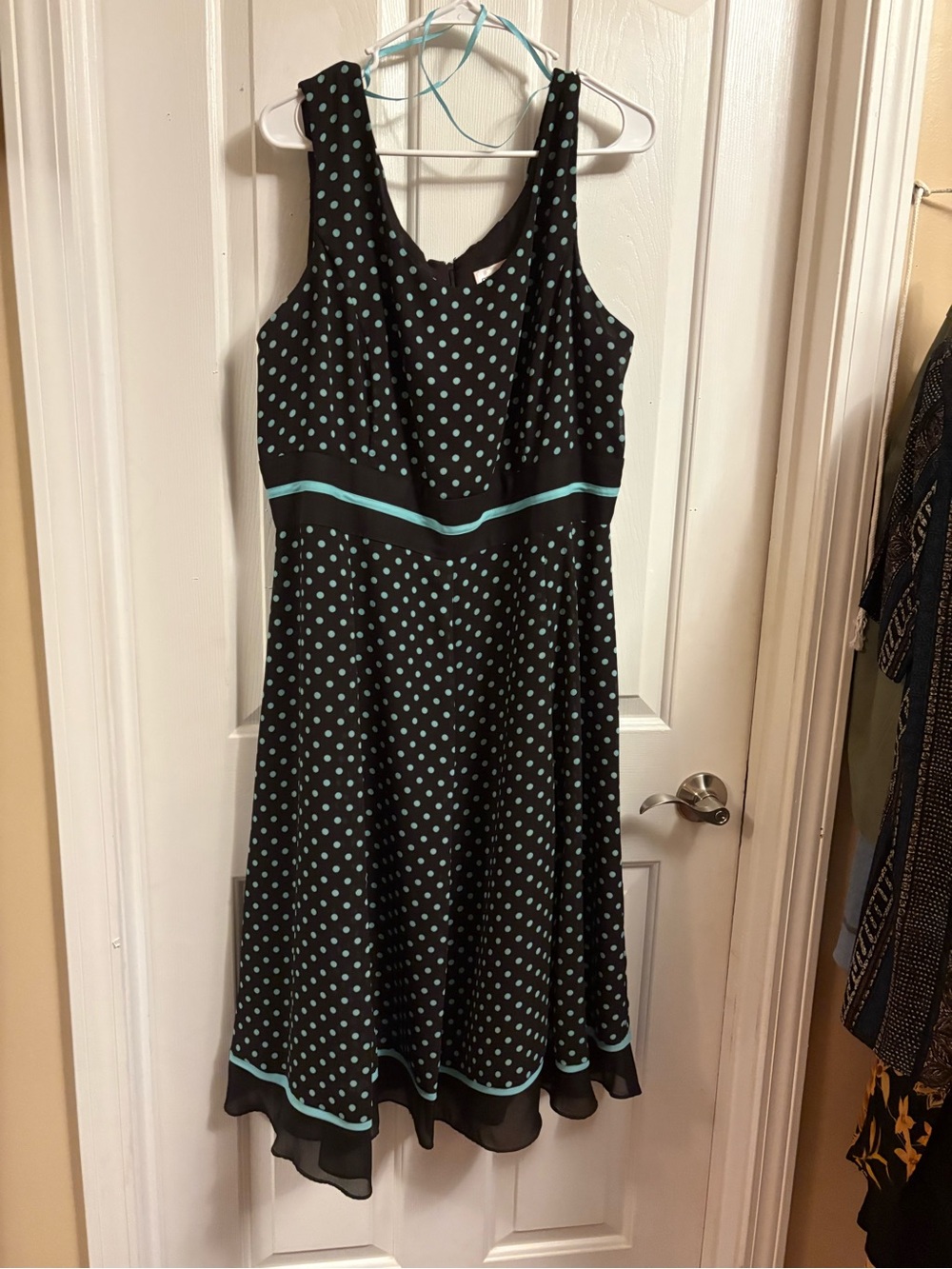 Studio I Black Dress with Aqua Polka Dots and Aqua Trim - Picture 2 of 2